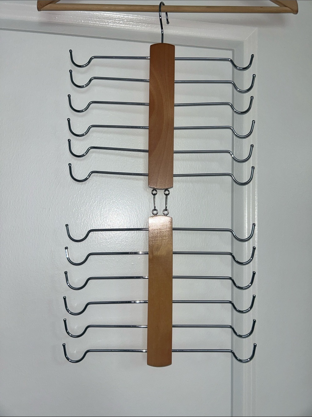 Multi-Tier Wooden and Chrome Scarf or Belt Organizer - Natural Wood